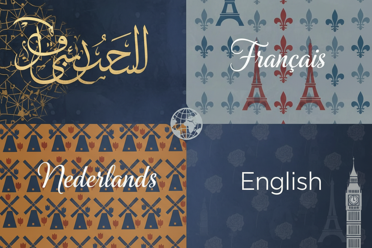 a collage of 4 flags, Arabic dutch, french, english