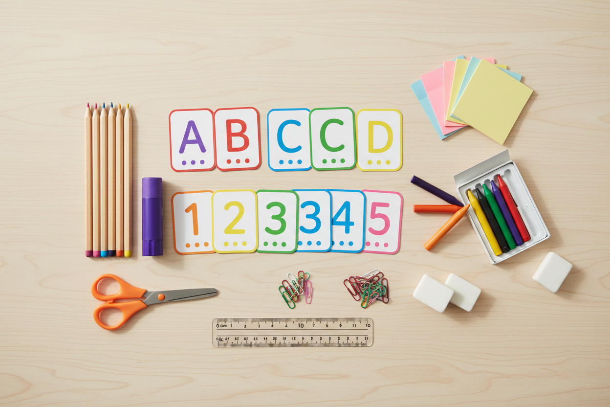 flatlay of educational items like flashcards, pencils, scissors, glue,...
